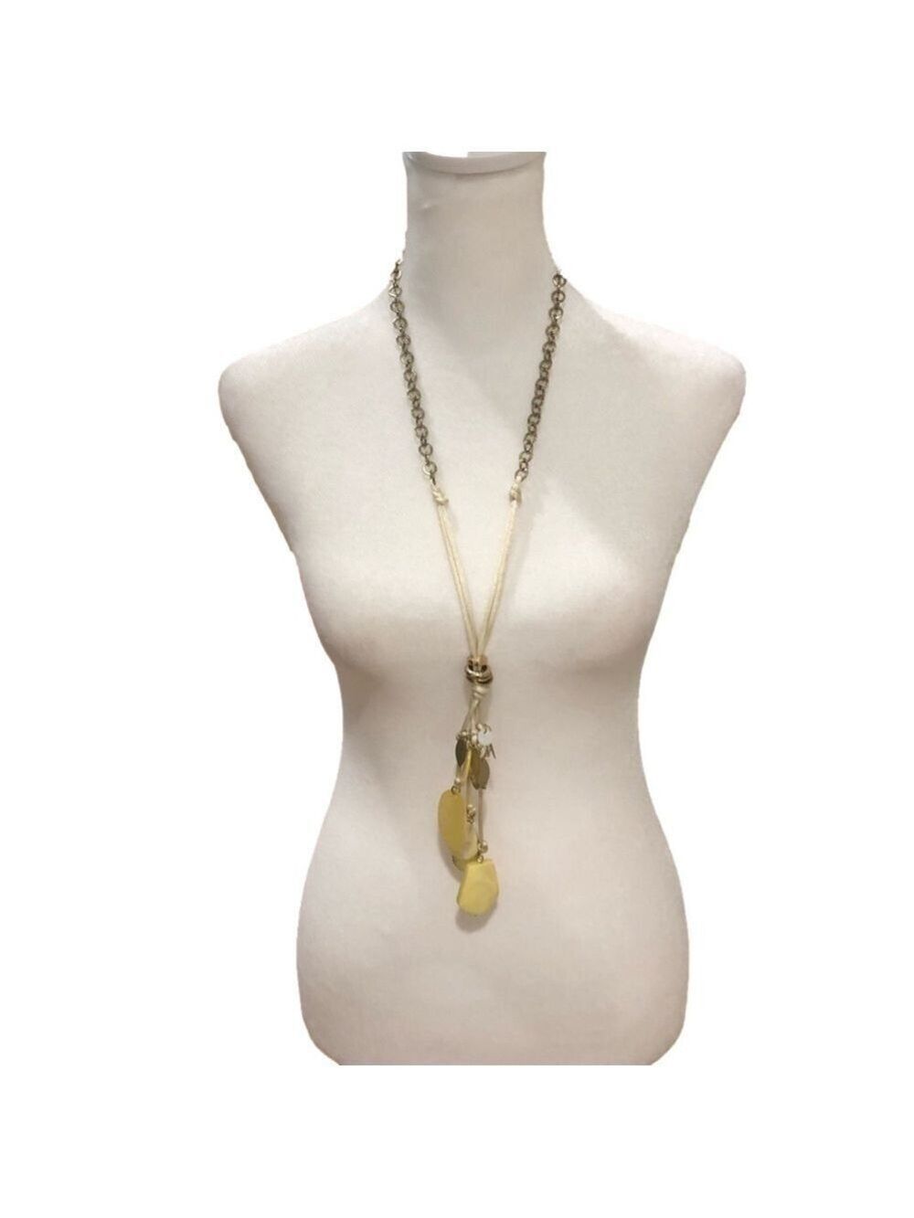 CHICO’S pendant necklace. Yellow white gold clear beads stones satiny cord chain